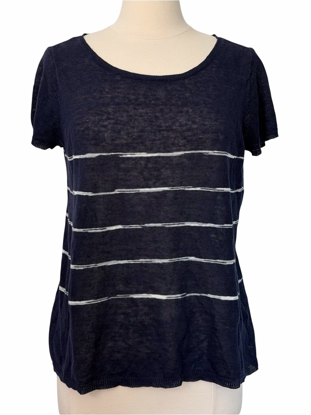 Eileen Fisher Organic Linen White Striped Sweater Tee in Navy Size M